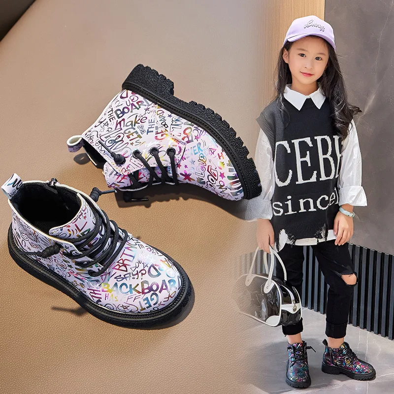 Kids Fashion with Word Prints Cool Tide Boots for Boys Children Unisex Korean New PU Versatile Princess Ankle Boots for Girls enlarge