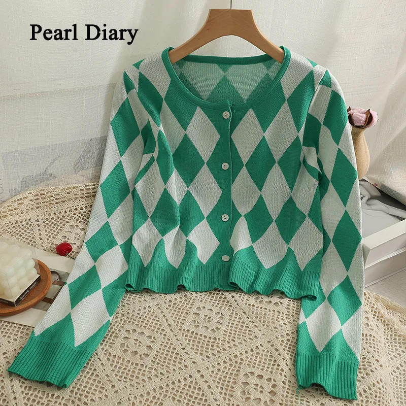 

Pearl Diary Women Short Plaid Pattern Single-Breasted Cardigan Round Collar Knitting Sweater Fashion All-Match Thin Tops