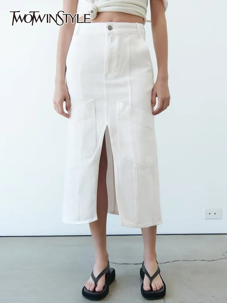 

TWOTWINSTYLE Summer Patchwork Pocket Denim Skirt For Women High Waist A Line Split Solid Skirts Female Fashion Style Clothing