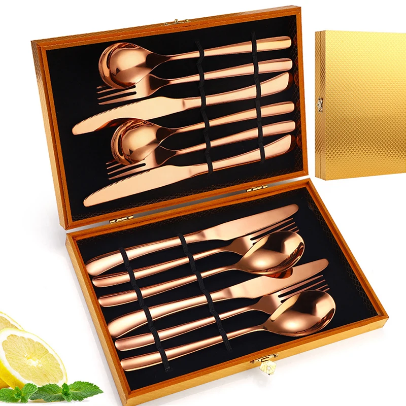 

XITUO Premium 12Pcs Stainless Steel Cutlery Set Steak Knife Fork Spoon Set Golden Wooden Gift Box New home wedding best gift