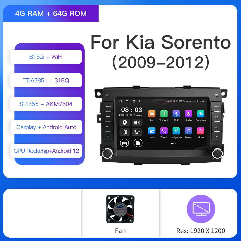 

Автомагнитола Kapud, 7 дюймов, Android 12, мультимедийная камера 360 для Kia Sorento 2 XM 2009 2010 2011 2012 GPS CarPlay AUTO DSP WiFi SWC BT