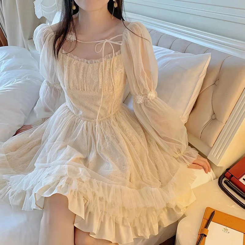Long Sleeve Kawaii Lolita Dress Women Casual Vintage Mini Dress Female Japanese Fairy Aesthetic Style One Piece Dress