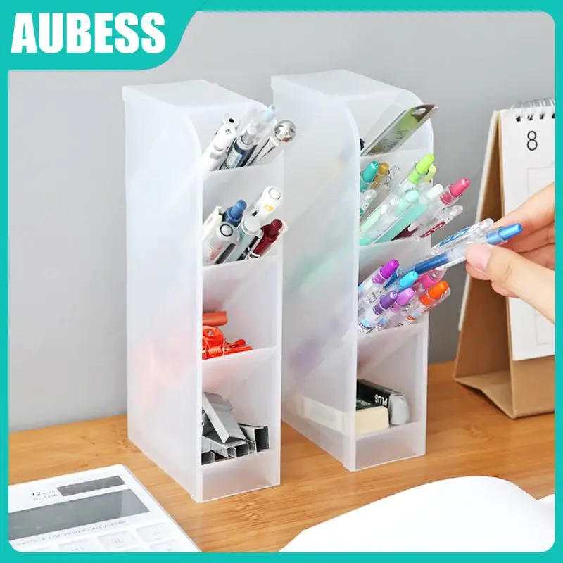 

4 Grid Storage Case Multi-function Oblique Insertion Pencil Holder Desktop Office School Supplies Frosted Pencil Stand