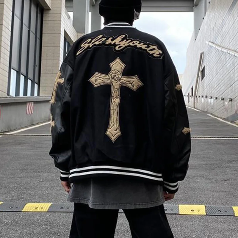 Мужская бейсбольная куртка в стиле ретро из искусственной кожи хип-хоп пэчворк