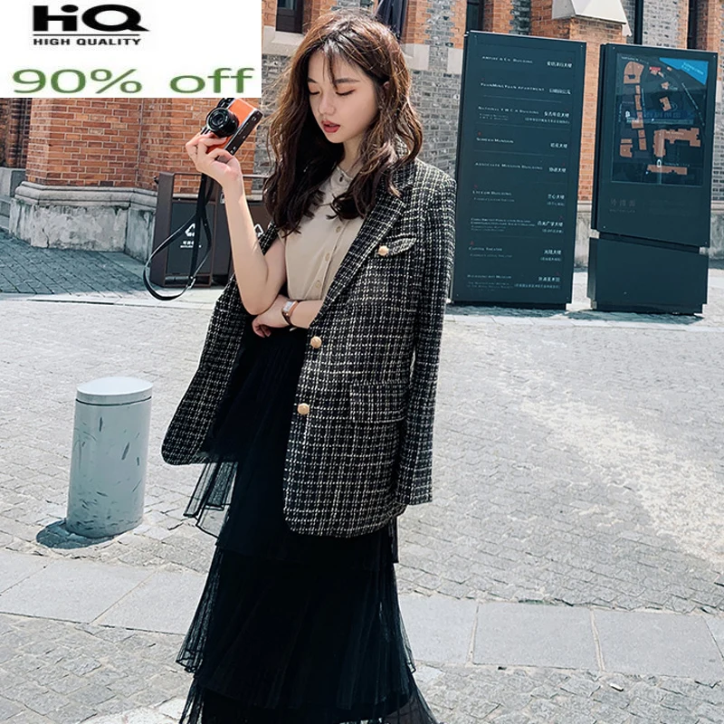 

plaid Black/Beige holiday leisure autumn women's jacket new loose Long Sleeve Business ladies One Piece Jacket Coat