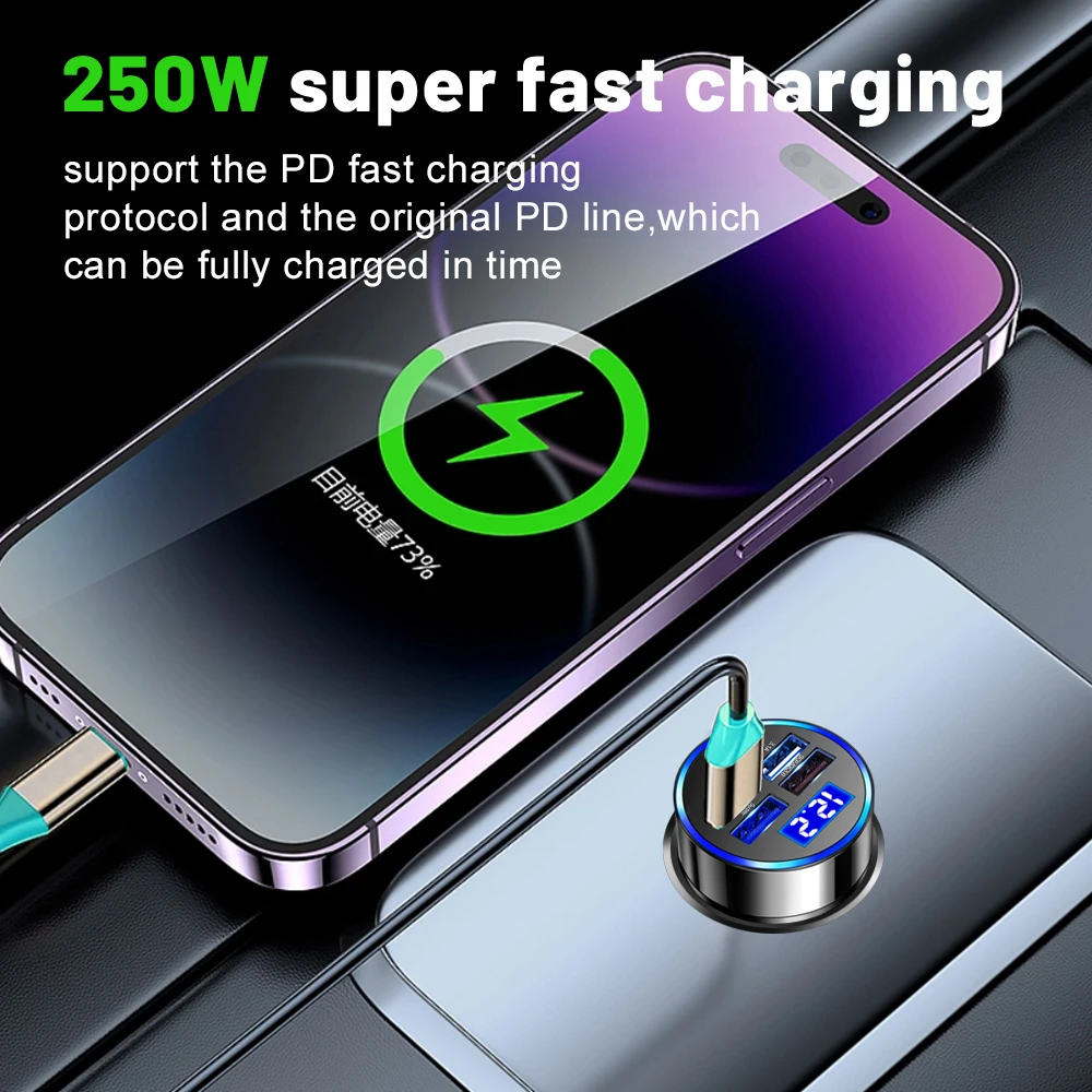 250W LED Car Charger 5 Ports Fast Charge PD QC3.0 USB C Car Phone Charger Type C Adapter in Car For iphone Samsung Huawei Xiaomi images - 6
