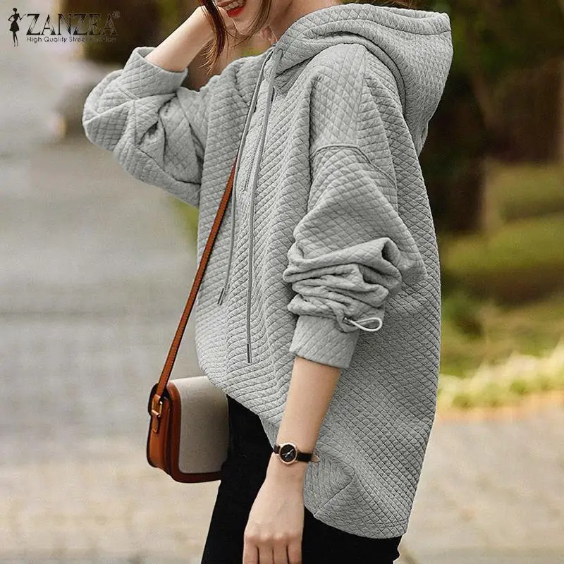 

Puff Sleeve Women Full Sleeve New Hoodie Tops Casual Solid Long Zipper Shirt Holiday Loose Holiday Sweatshirt ZANZEA Spring