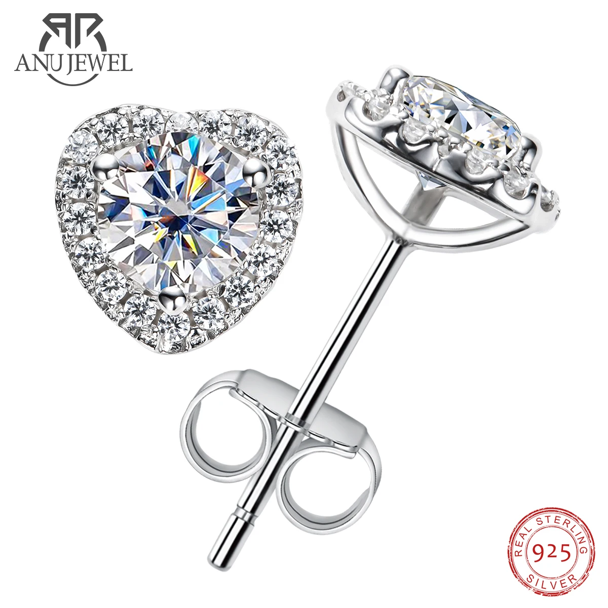 AnuJewel 1cttw D Color Moissanite Diamond 925 Sterling Silver Heart Stud Earrings For Women Gift Jewellery