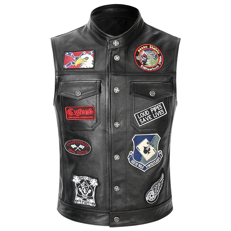 

High Quality Leather Biker Real Mens Motorcycle Vest Genuine Cowhide Waistcoat Multiple badges Patch Sleeveless Motorbike Jacket