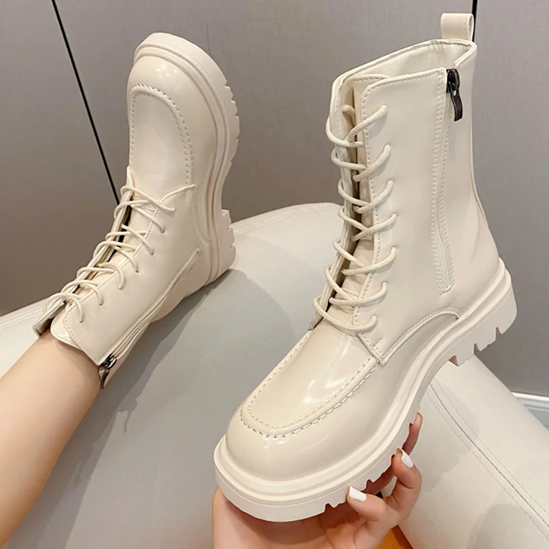 

Retro Boots Women's Autumn 2022 New PU Square Toe Lace Motorcycle Boots British Style Short Boots Thick-soled Women's Boots