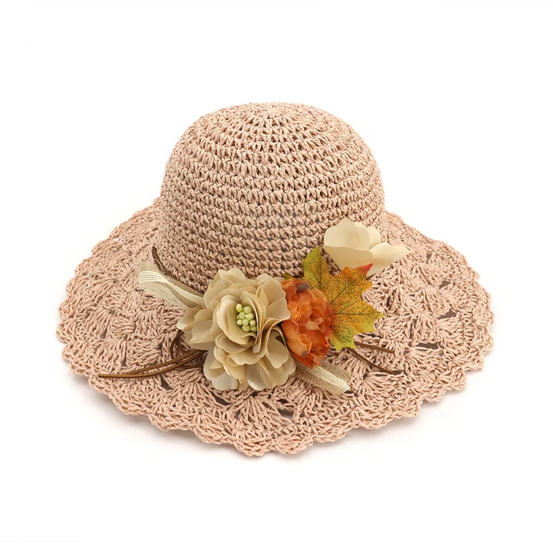 

High Quality Hand-woven Crochet Women Sun Hats with Floral Outdoor Beach Straw Hat Lady Wide Brim Travel Sunhat Folding GH-444