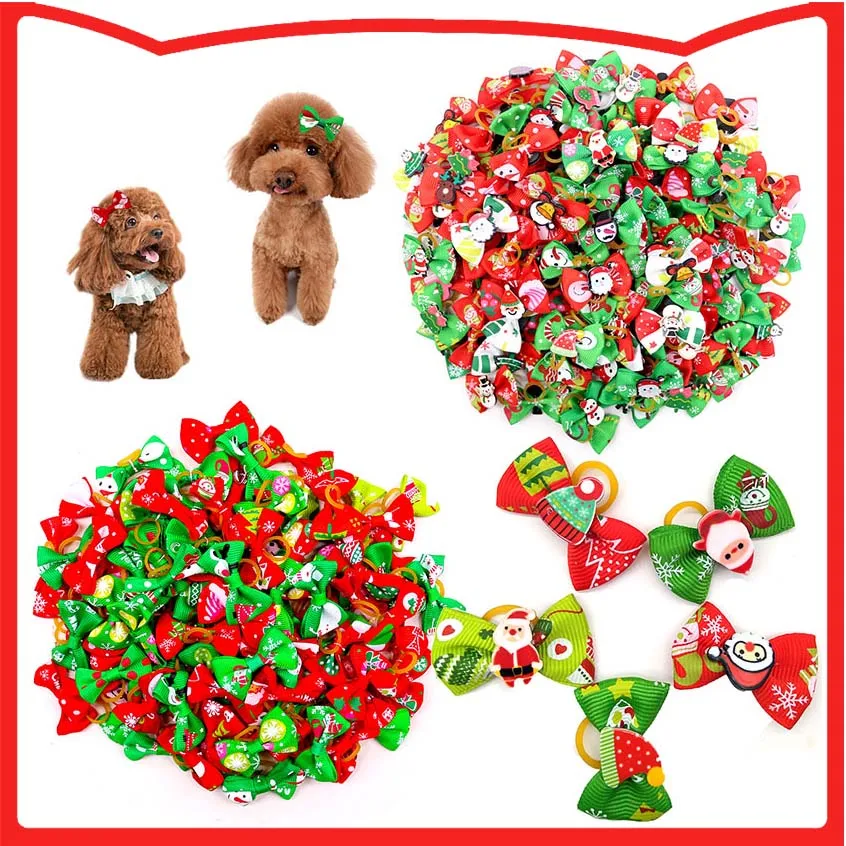 20pcs Christmas Dog Hair Bows Brand Cat Ribbon Bow With Rubber Band Clip Pet Handmade Gifts Grooming Accessories Mix Color