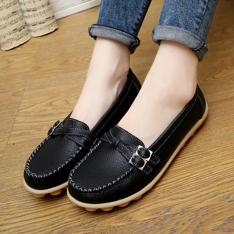 Women Genuine Leather Flats Hollow Slip On Loafers Ladies Shoes Casual Style Comfortable Soft Fashion Flats Shoes Size 41
