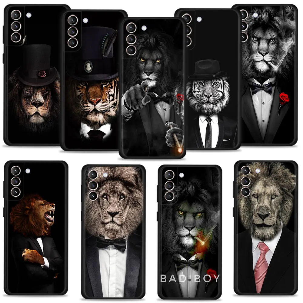 

Phone Coque For Samsung S20 FE 2022 S7 S10e S10 S8 S9 S22 Ultra 5G S21 Plus Silicone TPU Gangster Lion Shirt And Tie Man