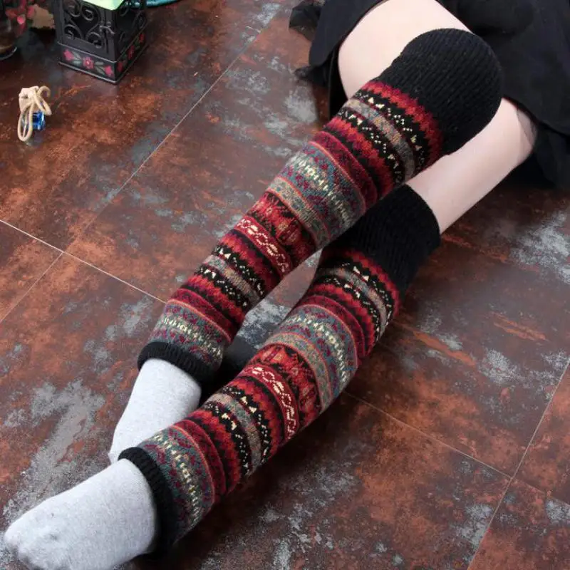 

2023 Fall/winter Fluorescent Camouflage Bohemia Thickened Wool Pile Socks Ladies But Knee Boots Leg Guards