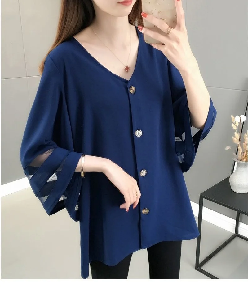 

Oversized Office Lady Long Flare Sleeve Chiffon Blouses Women V-neck Loose Casual Solid Shirts Autumn Elegant Tunics Tops Blusas