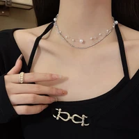 light luxury niche simple double layer pearl necklace ladies temperament all match exquisite rhinestones clavicle chain