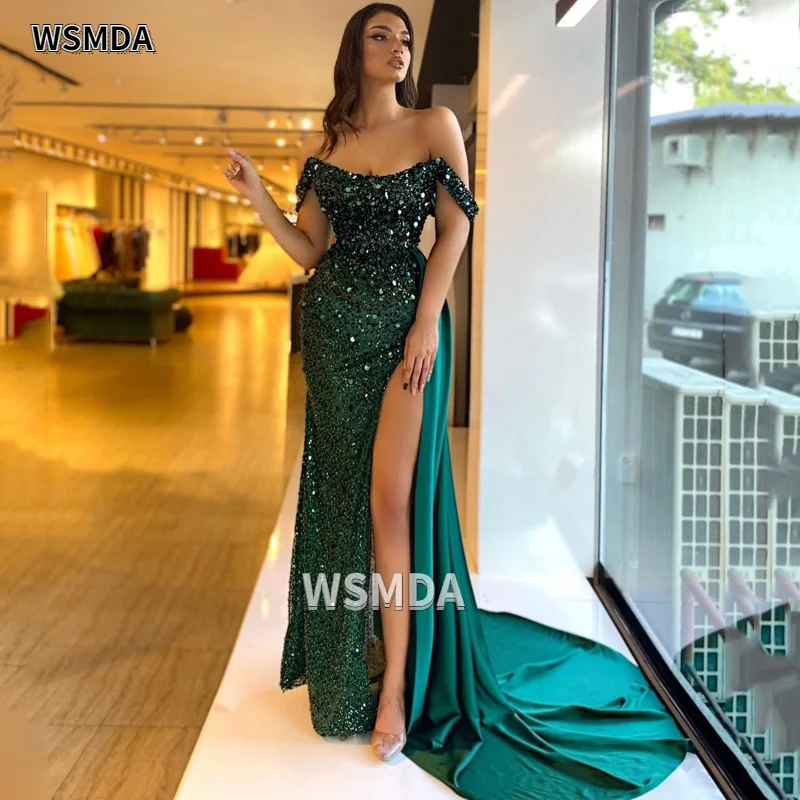 

Thinyfull Sexy Prom Dress Off Shoulder Mermaid Sequins Evening Party Gowns Saudi Arbia HIgh Split Floor Length Dress Plus Size