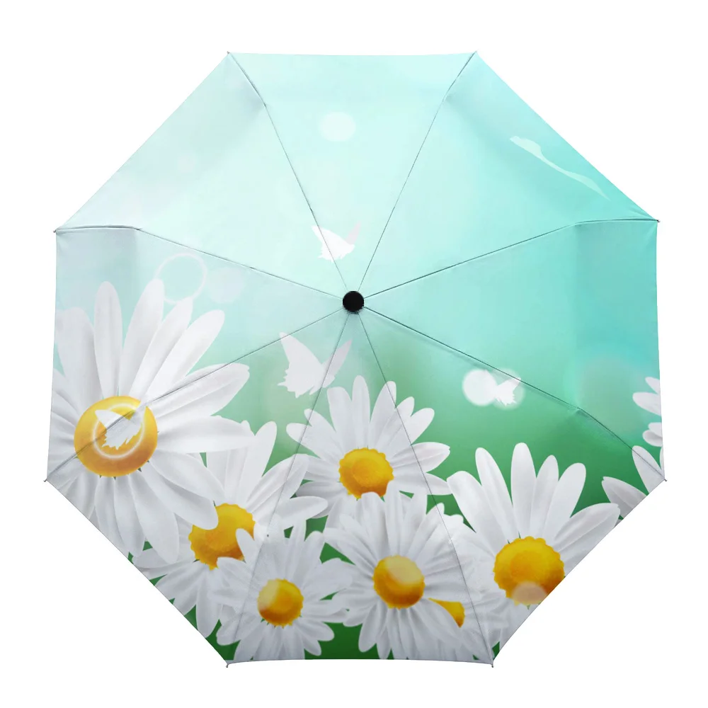 

White Flower Butterfly Bubble Print Women Men Rain Umbrella Three Folding Girl Durable Portable Automatic Umbrellas Gift Parasol
