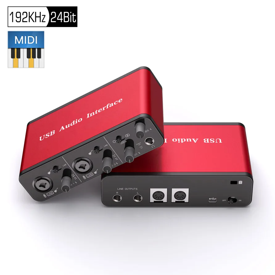 

2i2 192KHz/24Bit +48V Phantom Power USB Audio Interface MIDI Studio External USB Sound Card for Podcast Recording MIDI I/O