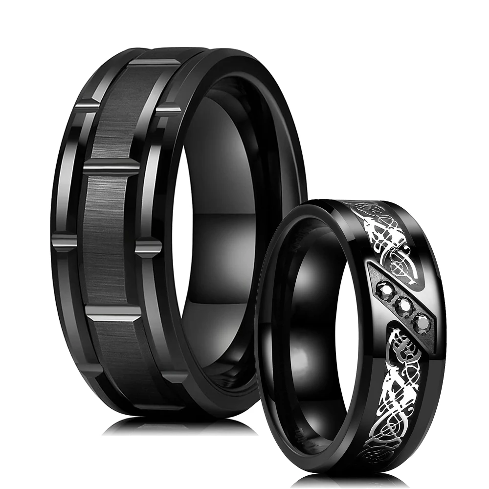 

Fashion 8mm Double Groove Beveled Edge Tungsten Wedding Rings For Men Black Zircon Inlay Carbon Fibre Ring Engagement Jewelry