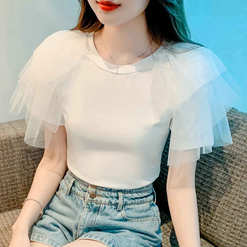 

Elegant Summer O-neck Tshirt Sweet Ruffles Short Sleeve T-shirts for Women Mesh Patchwork Slim Fit Solid Color Tees Tops 27653