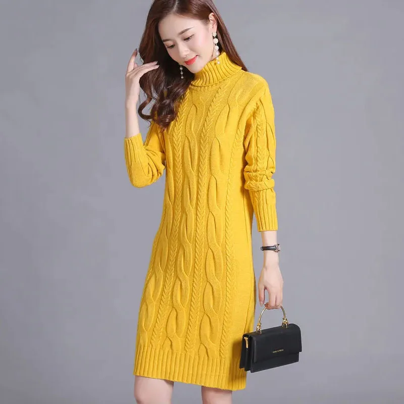 

New Winter Sweater Dress Women Turtleneck Purple knitting Sweater Long Sleeve Tops Korean Fashion Female Thick Sweaters Dresses