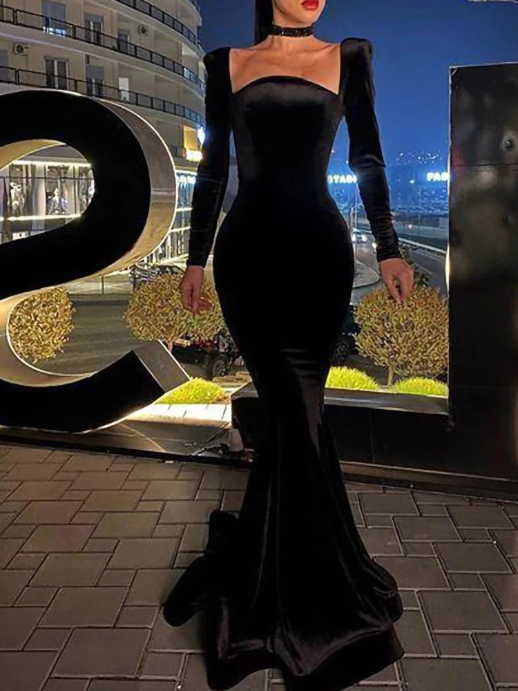

Mermaid / Trumpet Sexy Bodycon Wedding Guest Formal Evening Dress Square Neck Long Sleeve Floor Length Velvet with Sleek