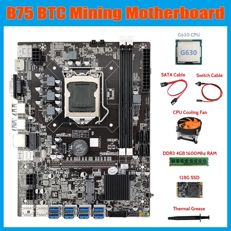 

Семейная материнская плата для майнинга BTC, 8XUSB3.0 + G630 ЦП + DDR3 4 ГБ ОЗУ + 128 Гб SSD + вентилятор + кабель SATA + кабель переключателя + термопаста