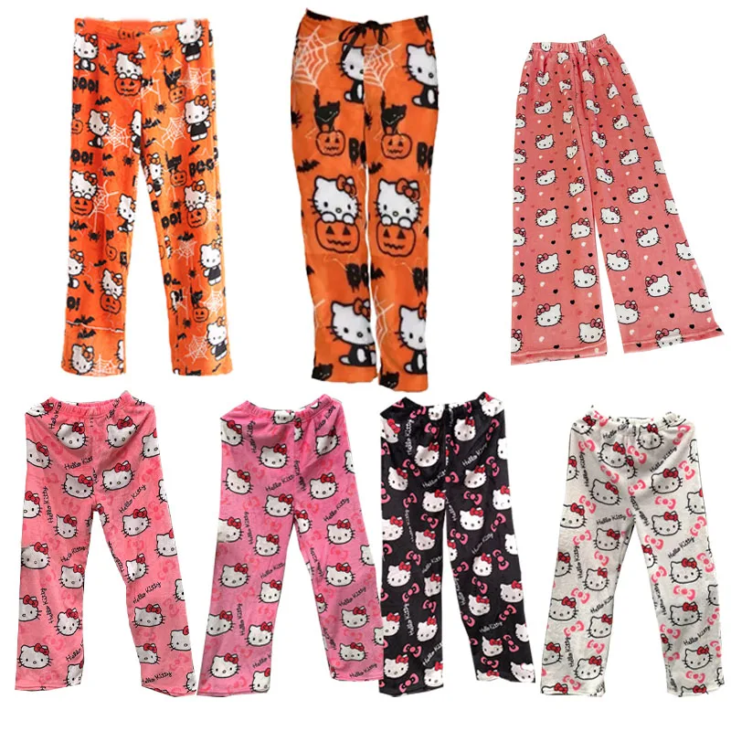 

Halloween Sanrio Hellokitty Pajama Pants Pumpkin Kitty Outdoor Women Pants Anime Autumn Winter Loose Casual Home Wear Girl Gifts
