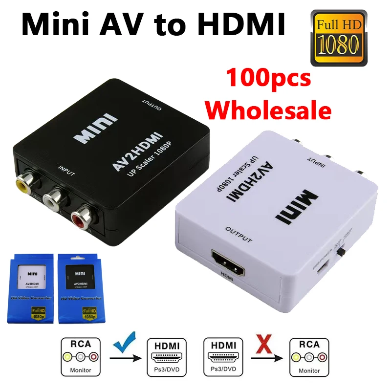 

100pcs Wholesale Mini AV2HDMI RCA AV/CVSB L/R Video to HDMI-compatible AV Adapter HD Video Converter Box 1080P Support NTSC PAL