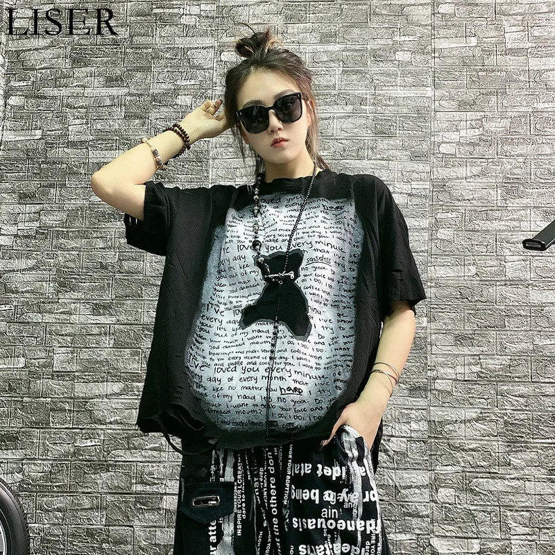 

2022 New Women'S T-Shirt Fashion Printing Loose Hole T-Shirt Summer Casual Round Neck Short-Sleeved T-Shirt Black LL1155