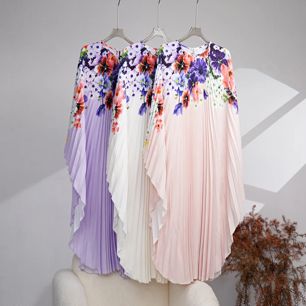 Elegant Women Floral Print Pleated Dress Robe Fashion Irregular Bat Sleeve Loose Dresses Summer 2023 Casual Oversize Vestidos