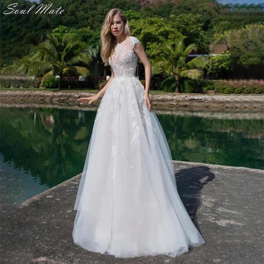 

Elegant O Neck A Line Wedding Dresses For Women Short Sleeve Button Backless Bride Dress Appliques Bridal Gown Vestido De Novia