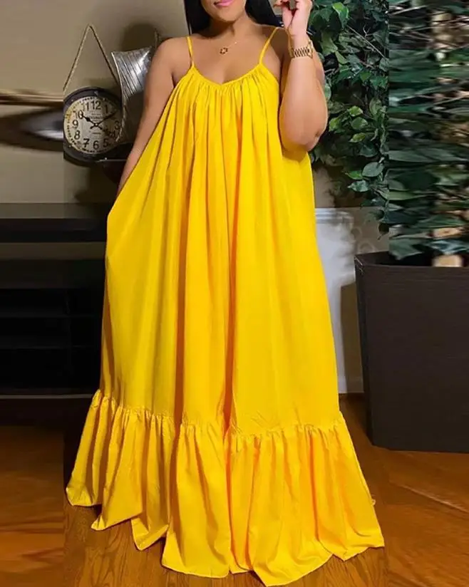 

Women's Spaghetti Strap Dresses Plain 2023 Summer Fashion Ruched Ruffles Tied Detail Cutout Back Casual A Line Maxi Dress