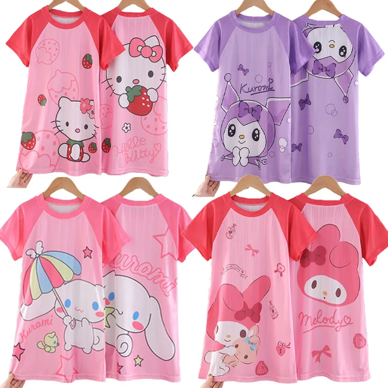 

Kawaii Sanrios Hellokittys My Melody Cinnamoroll Kids Nightdress Cute Cartoon Kuromi Anime Dress Summer Short Sleeve Homewear