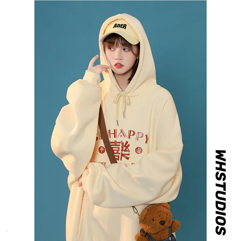 

Neploha Be Happy Chinese Character Women's Hoodies Oversized Print Hooded Female Sweatshirts Fashion Unisex Casual Pullovers