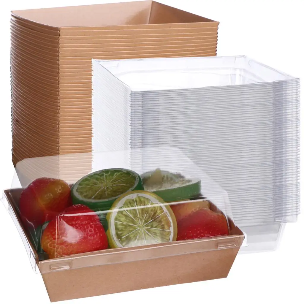 

60pcs Square Sandwich Paper Box with Clear Lids Kraft Paper Swiss Roll Plastic Oilpaper Baking Tools for bakeries coffee shops