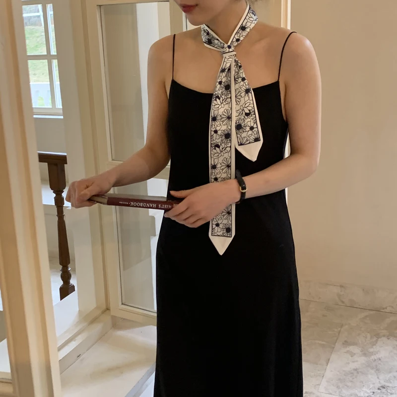 

Luna&Dolphin Women Spring Narrow Long Scarf Daisy Flower Chic French Gentle Elegant Chiffon Silk Tie Bag Ribbon Headband Choker