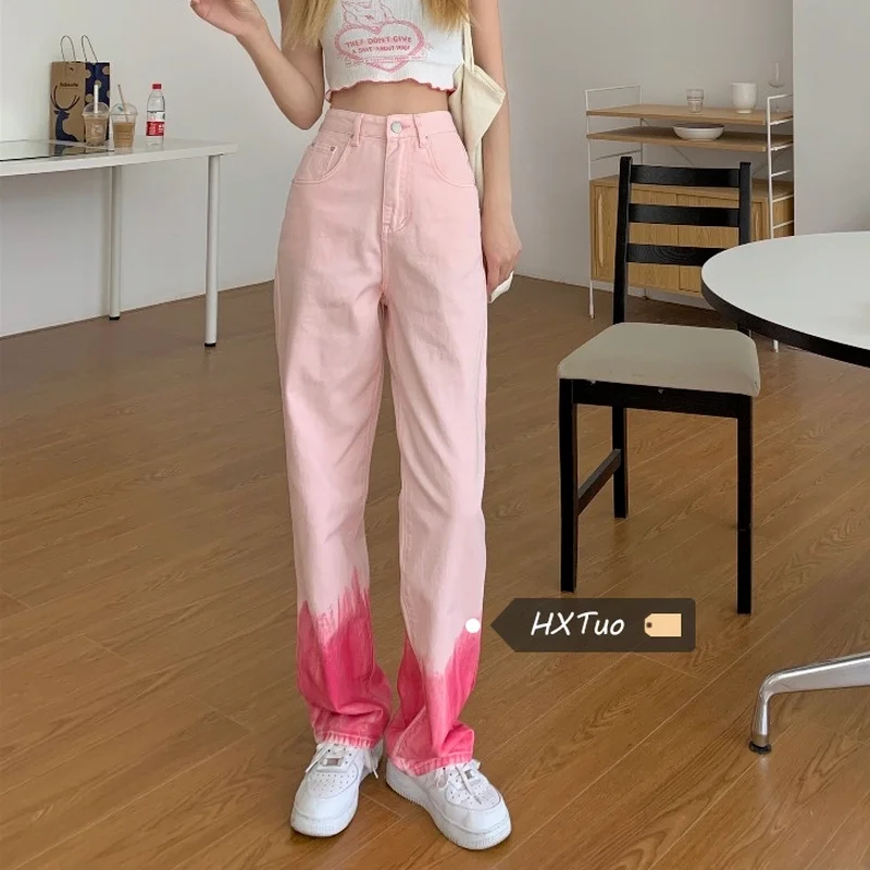 Pink Fashion Women's Jeans Gradient Outerwear Bottom High Waist Casual Plus Size Jeans Kawaii Spring and Autumn Wide Leg Jeans