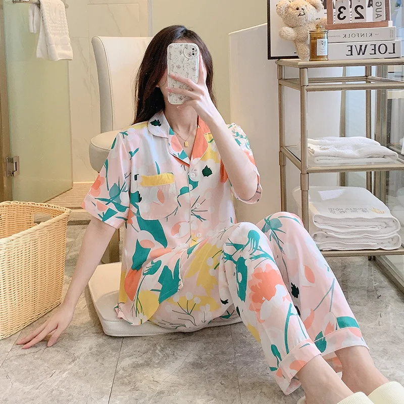 Cotton silk pajamas women's summer new style printed short-sleeved cardigan two-piece suit spring and autumn thin ladies home