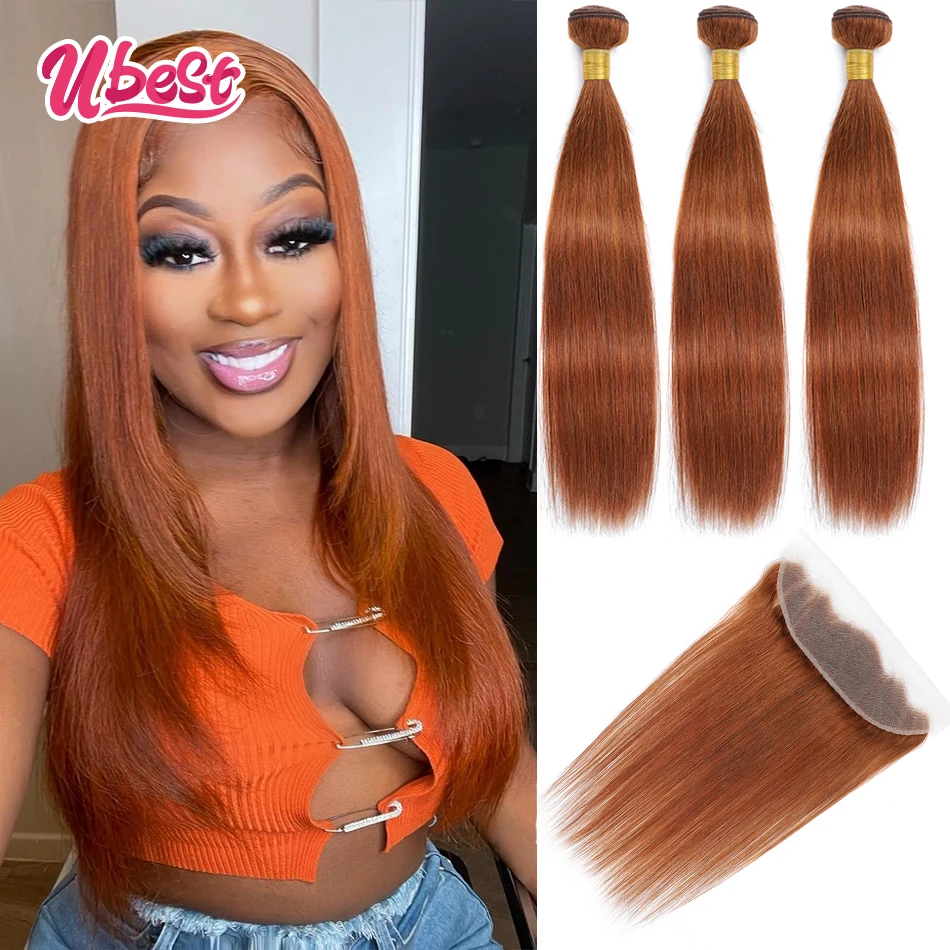 

Orange Brown Straigt With 13x4 Lace Frontal Human Hair Bundle With Closure Brazilian Straight Ginger Brown Bundles With Closure