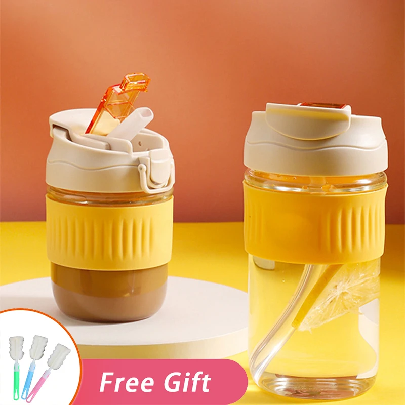 

Portable Creative Kawaii Cup 350/550ml Glass Straw Tumbler Cute Water Bottle For Girl Travel Coffee Mug Kids Double Drink Kettle