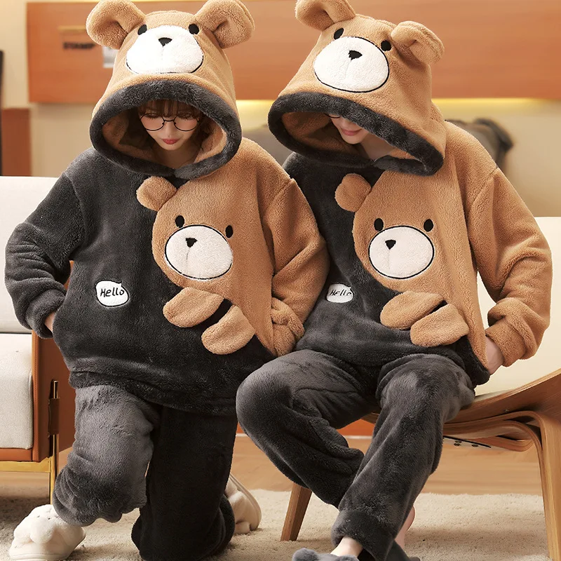 Couple Pajamas Set Women Men Thicken Pyjamas Winter Warm Anime Bear Kawaii Sleepwear Korean Loose Lovers Homewear Pijamas Suit