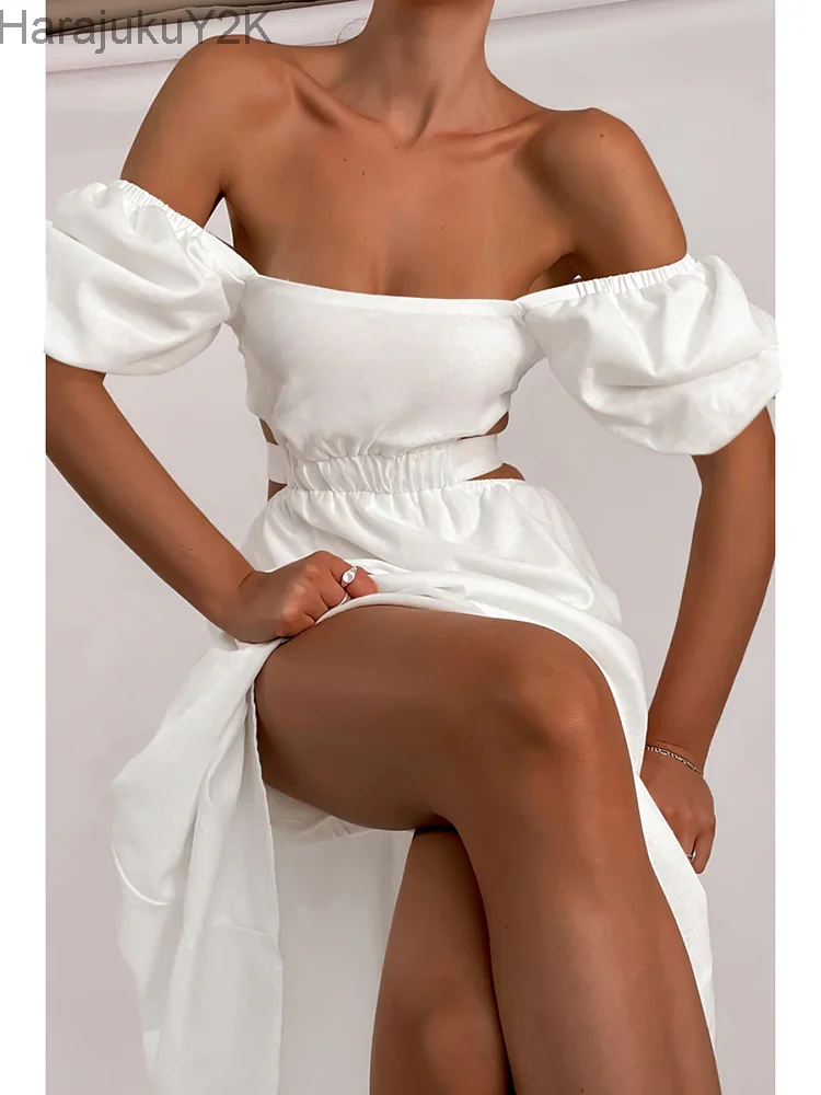 

Off Shoulder Midi White Dress Y2K Cut Out Puff Sleeve Women Sexy Summer Elegant Bandage Chic Casual Street Maxi Dress