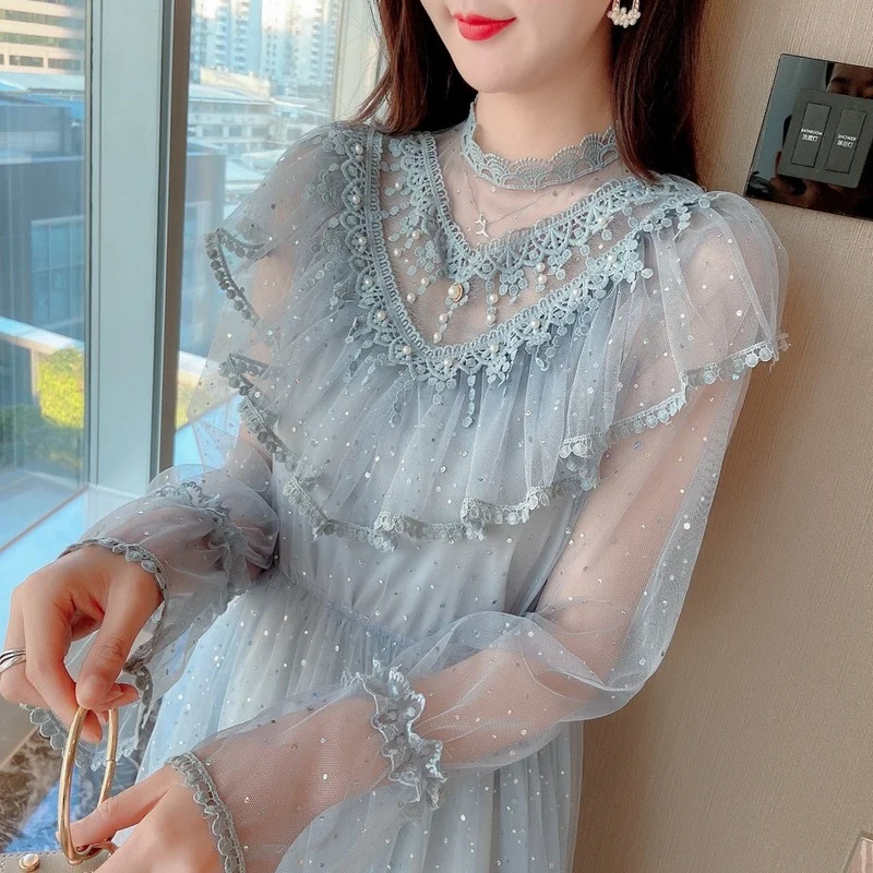 

2021 Women Summer Romantic Tulle Fairy Dress New Stand Collar Beading Tassels Soild Ruffles Mesh Dress Cute Mid Dress Vestidos