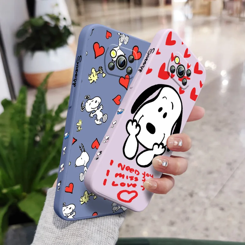 

Anime Snoopy Love Phone Case For Xiaomi POCO F3 X4 X3 NFC GT X2 C31 C3 M2 M3 M4 Pro Liquid Left Rope Funda Cover