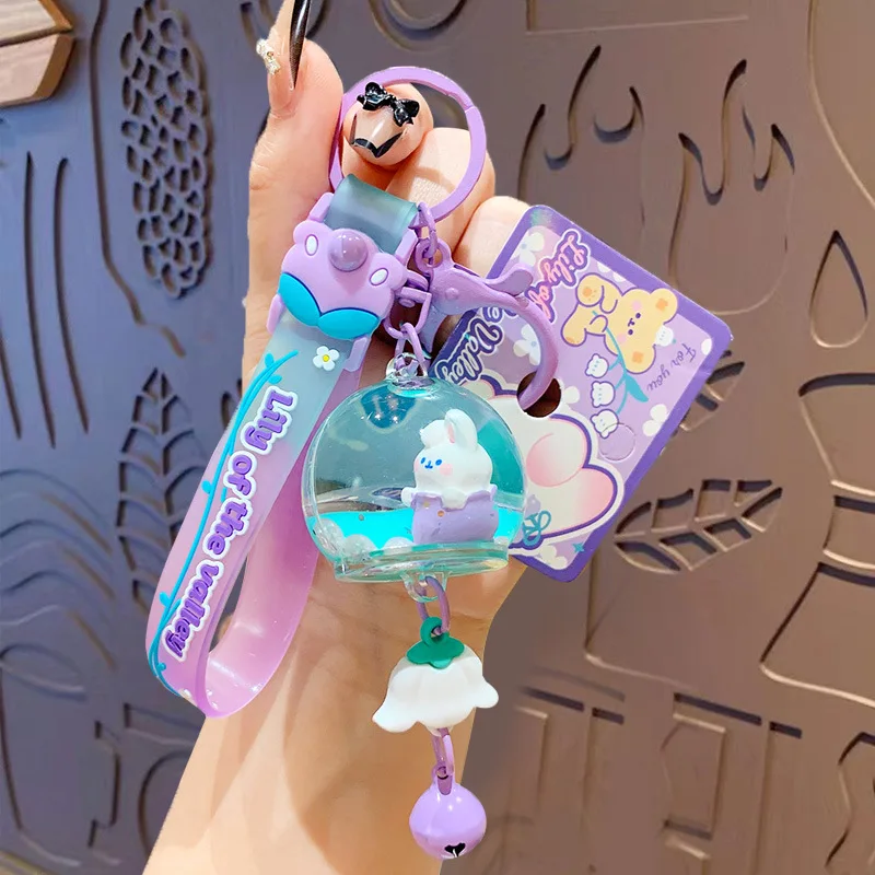 Cartoon Spring Orchid Wind Chimes Cup Keychain Moving Liquid Quicksand Rabbit Bear Key Ring for Women Girl Car Bag Keyfob Gifts