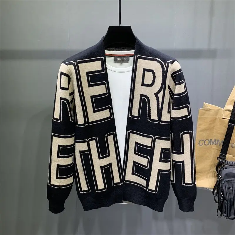 

Men's Fashion Versatile Letter Printing Knit Coat Autumn and Winter Youth Large Slim Shirt Collar Sweater Cardigan