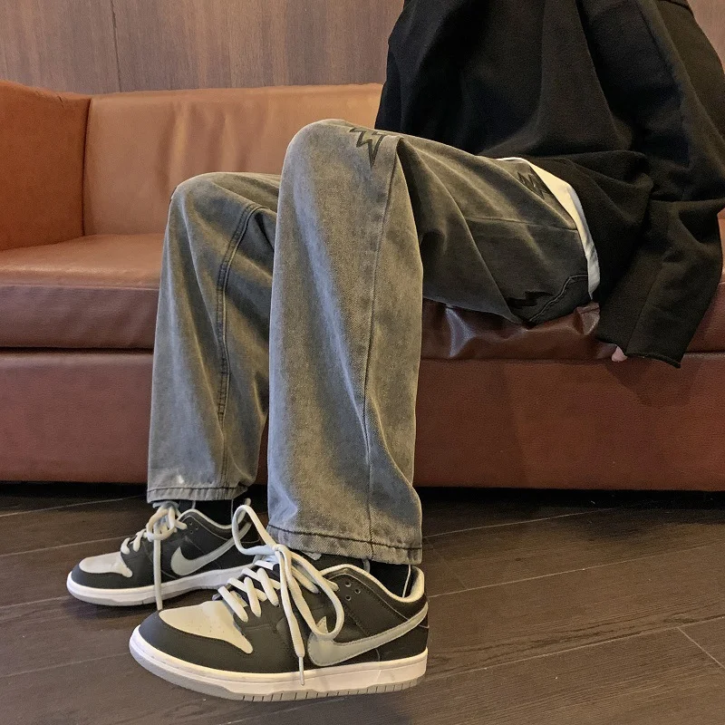 DEEPTOWN Embroidered Loose Jeans Men Straight Casual Denim Pants Gray Trousers Male Streetwear Vintage Hip Hop Korean Fashion